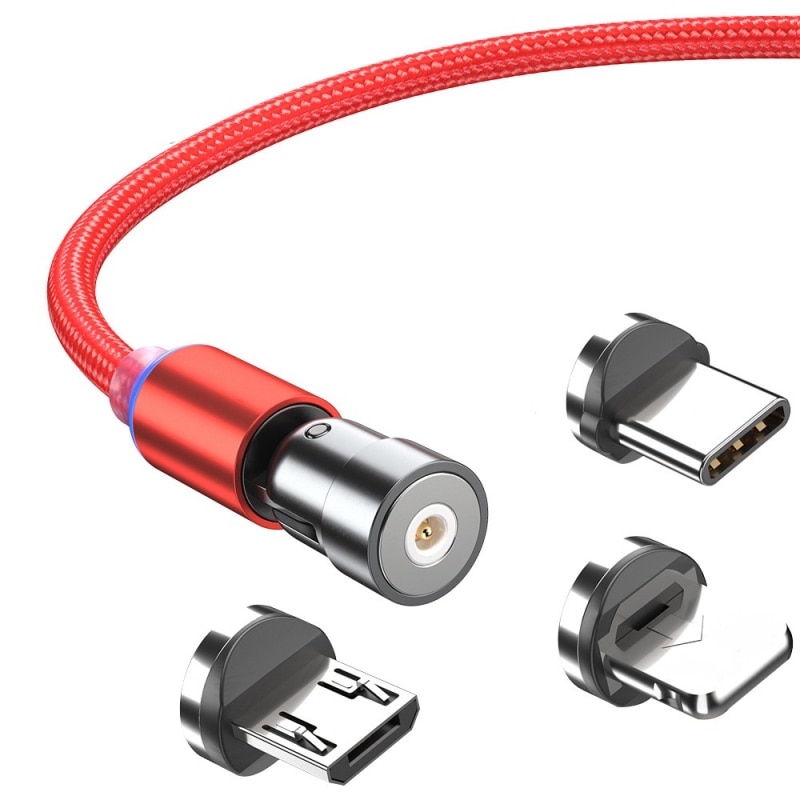 1Pcs Magnetische Kabel 540 Graden Draaien Micro Usb Kabel Type C Usb C Kabel Voor Iphone Samsung Snelle Opladen magneet Telefoon Oplader: 3in1 1m red