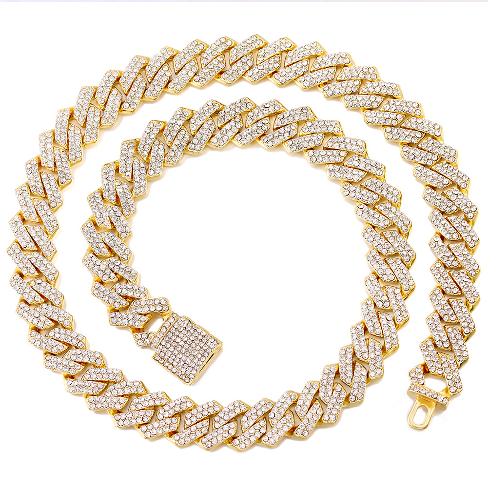 Iced Out Diamond Cuban Link Chain Necklace Men Women Rhinestone Paved Hip Hop Rhombus Cuban Necklaces Tennis Chain Jewelry: 90cm / Light Yellow Gold Color