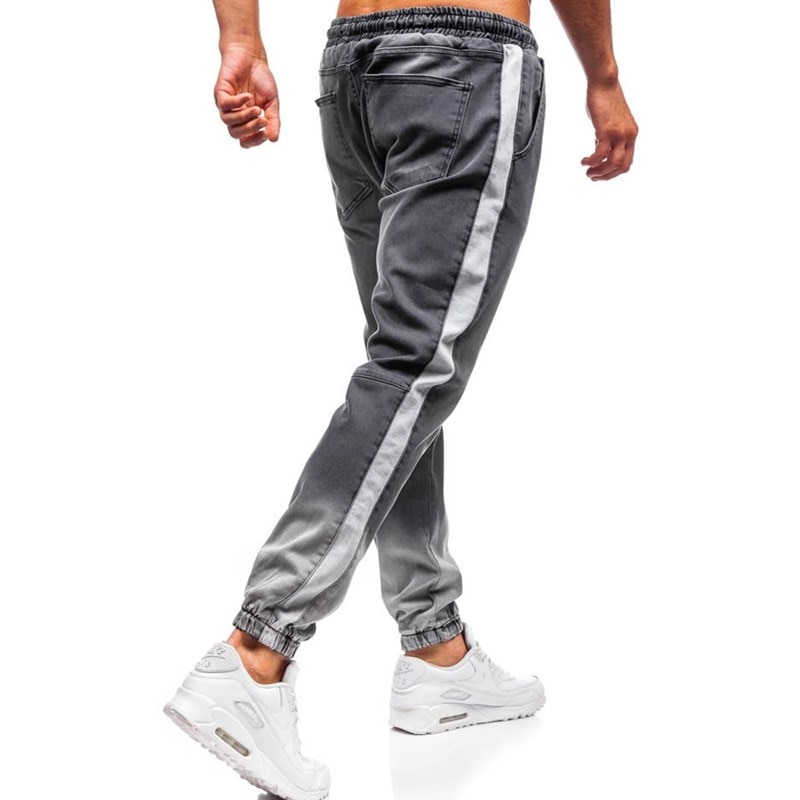 Män jeans trendiga män skinny jeans biker förstörd sliten passform jeans ripped jeans byxor sidan rand penna byxor casual jeans