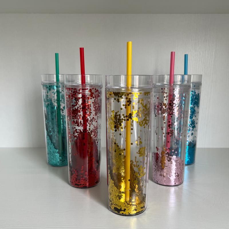 Double Layer Shiny Cup Transparent Plastic Cup 473ml/16oz Water Straw Cup Coffee Home Mug Cup Tumbler With Straw