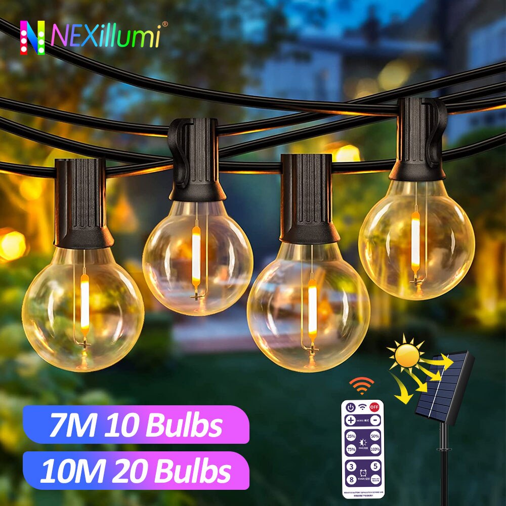 Cadena Solar para exteriores, luces y control remoto para Patio G40, cargador USB, 8 modos de luz, bombillas inastillables, lámpara colgante resistente a la intemperie