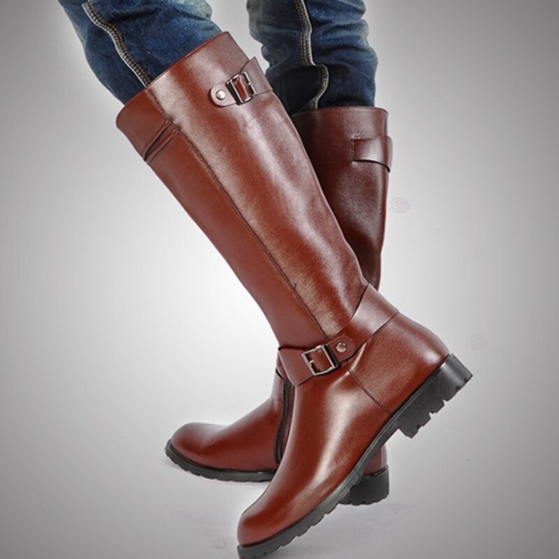 ERRFC – chaussures montantes en cuir PU pour hommes, bottes de Cowboy à bout rond de 44cm, avec boucle marron, pour les loisirs, tendance