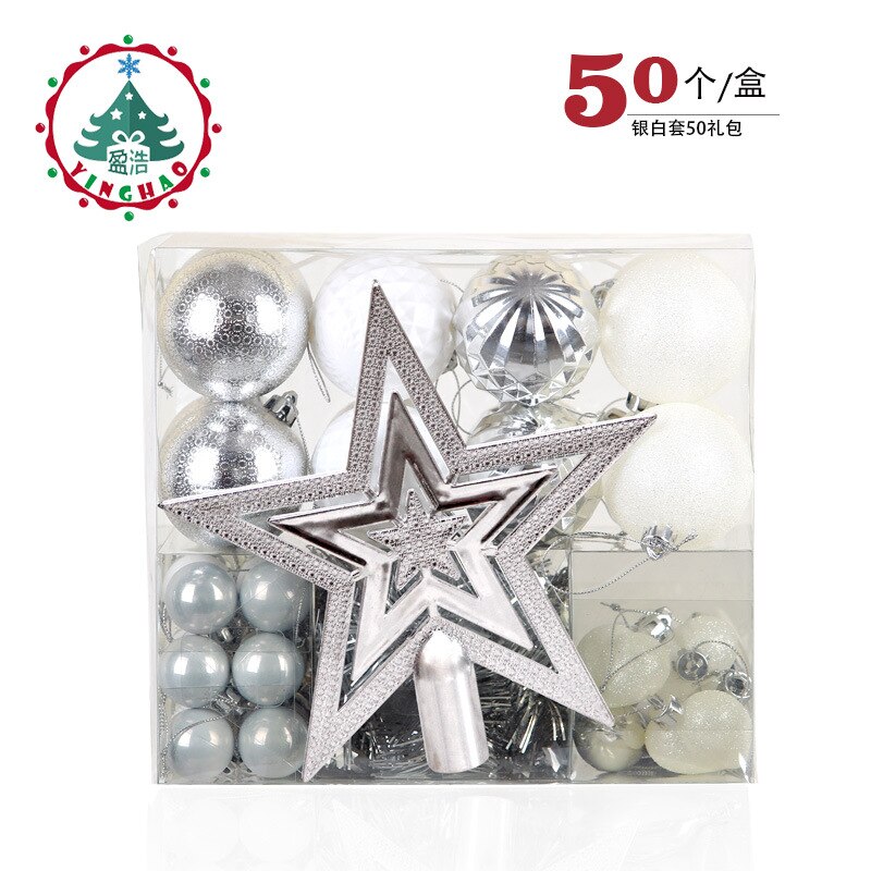 90 Stks/set Kerstballen Met Boom Top Sparkle Sterren Opknoping Bal Kerstballen Sneeuwvlok Kerstboom Decoratie Ballen Ornament: 50 pcs silver