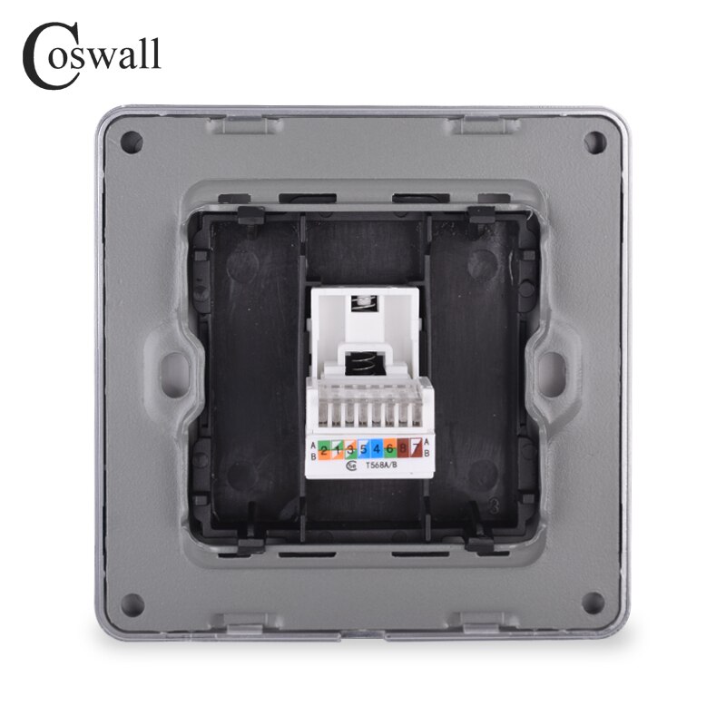 COSWALL 1 Gang RJ45 Internet Jack CAT5E Connector Stainless Steel Brushed Panel Computer Outlet Wall Data Socket