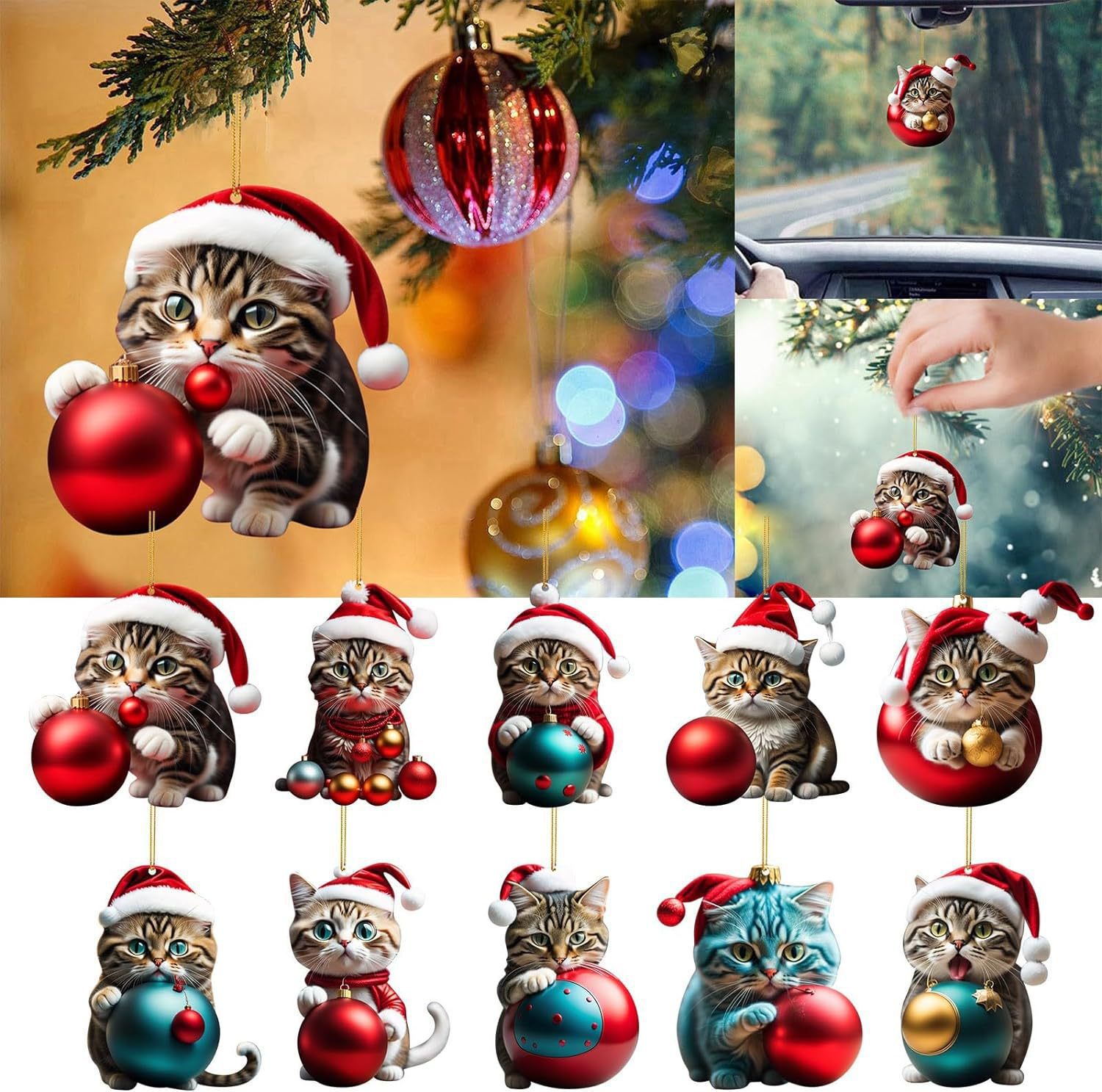 Christmas Modern Home Decoration,Car Pendant Hanging Ornament2d Acrylic Funny Cat Christmas Tree Ornament Cat Acrylic Ornament: army green
