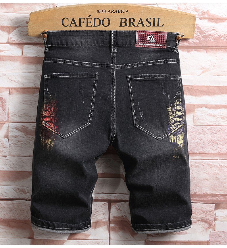 Pantalones cortos vaqueros con agujeros para hombre, Shorts elásticos negros, rectos, de algodón, Estilo de Calle Principal