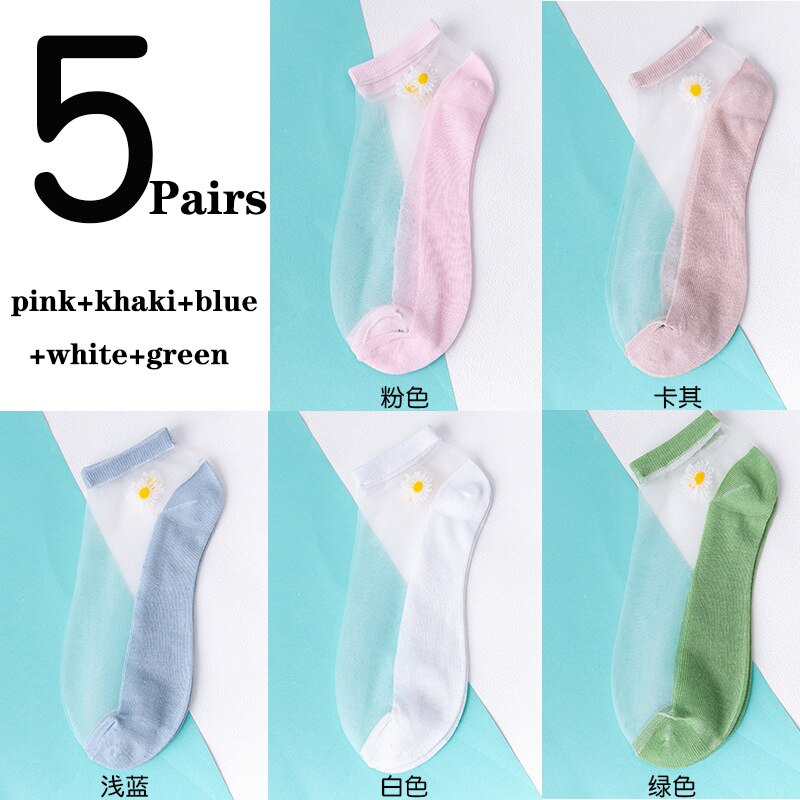 5 par/parti damesokker til sommer ultratynde gennemsigtige silkestrømper af glasfiber daisy flower japan ankelsokker: Parti 2