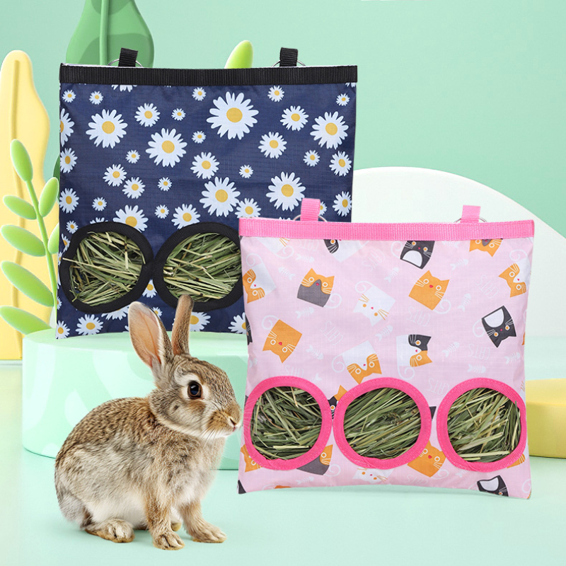 Bolsa de heno colgante, soporte para alimentador, contenedor dispensador de alimentación para conejos, conejillos de indias, animales pequeños, accesorios para jaulas de conejitos
