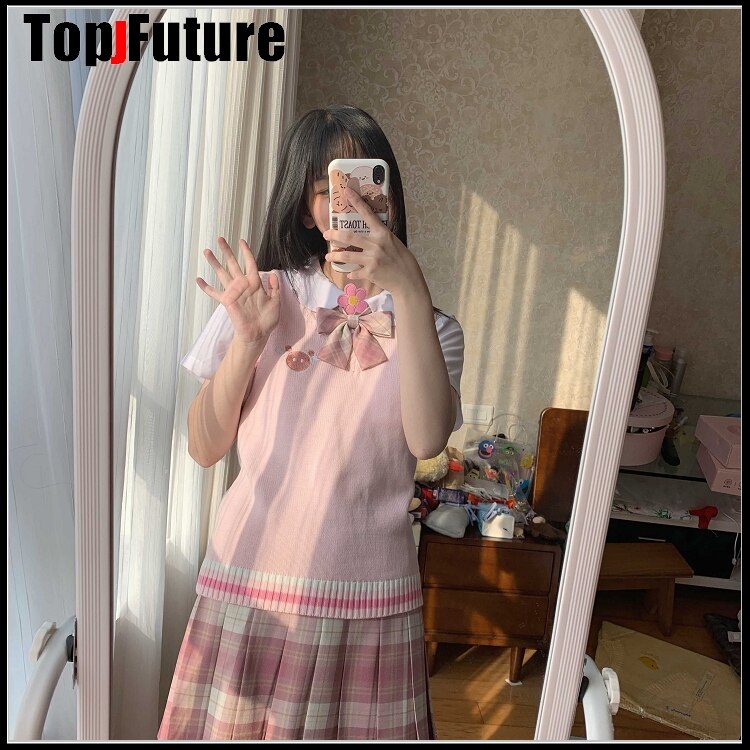 PINK Japanese girl's Knitted Vest cute versatile sweater school Uniform Cardigans PINK BIG NOSE embroidery sweater