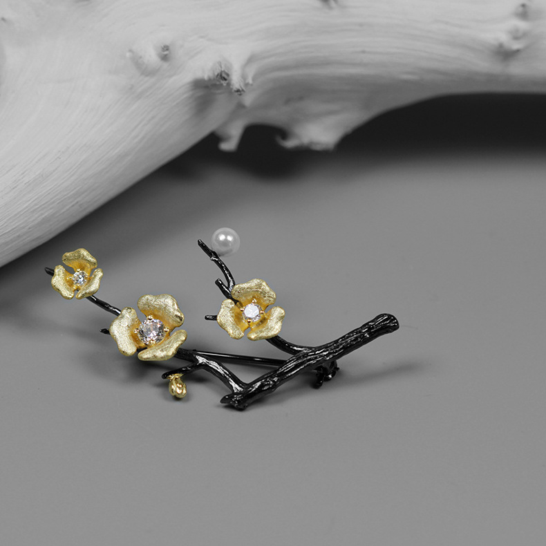 925 brosche aus sterlingsilber mit naturperlenblume an einem zweig, anstecknadel für damenbekleidung, schmuck: Default Title