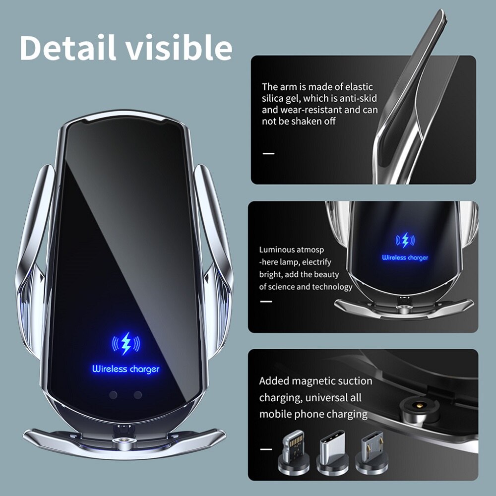 15w qi-autohalterung mit kabellosem ladegerät für iphone 13, 12, 11 xs, xr ,  x 8 und samsung  s21 s20 mit automatischem infrarotsensor