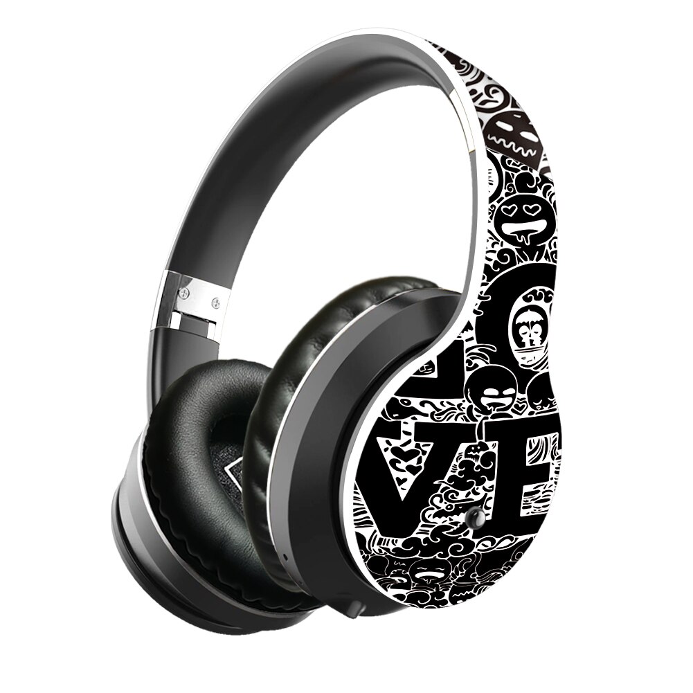 NDJU Wireless Graffiti Headphones - Bluetooth 5.0 - 40mm Drivers - HiFi Stereo Sound with Mic - TF Card FM Radio: Black White