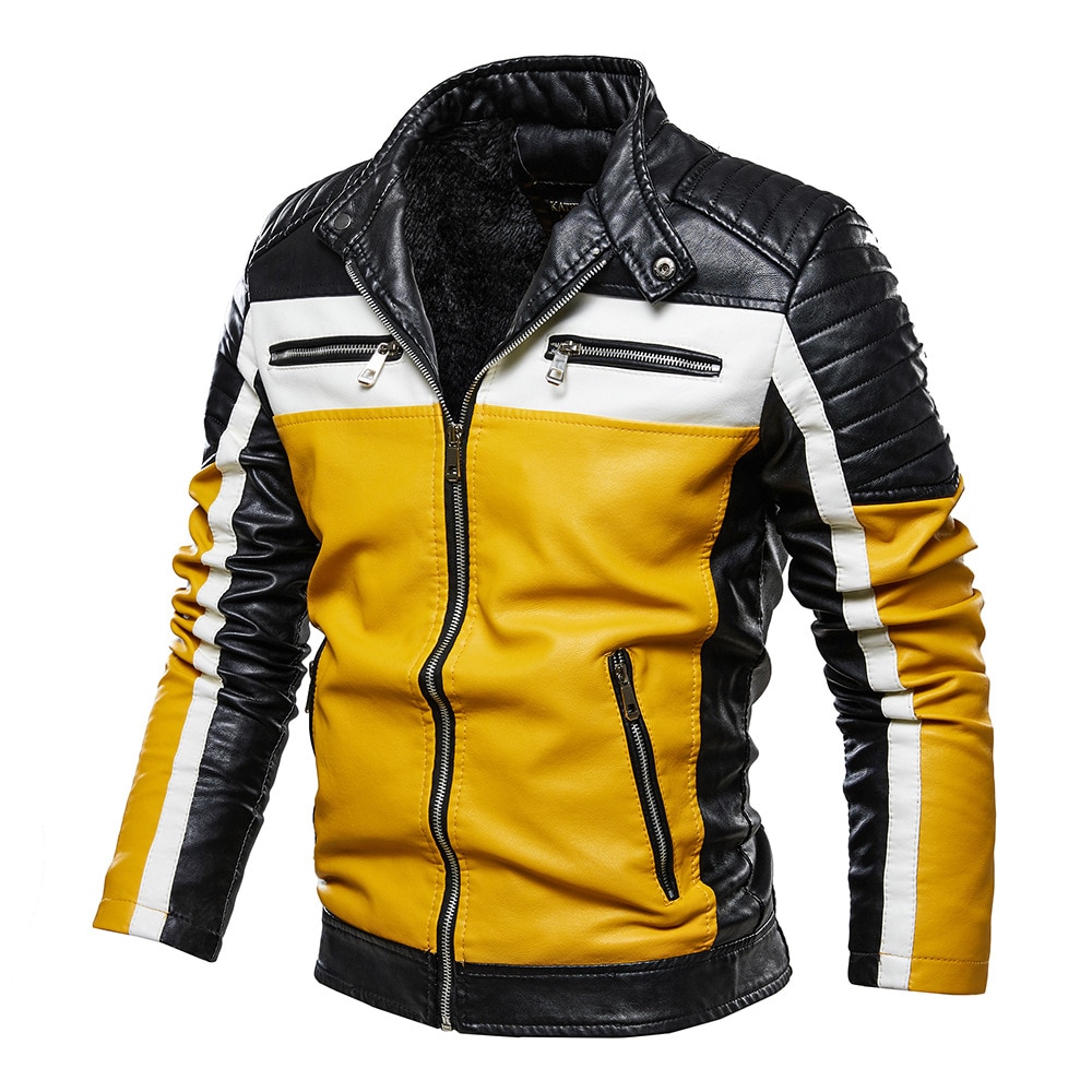 Mænd gul læder jakke patchwork biker jakke mænd afslappet lynlås frakke mænd motorcykel jakke slim fit pelsforet outwear frakke