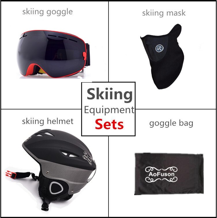 Ski Apparatuur Set Helm Met Goggle Veiligheid Integraal Gevormde Plus Size Plus Fluwelen Helm Dubbele Lagen Anti-Fog bril: Red Frame Black Lens / 59cm-61cm