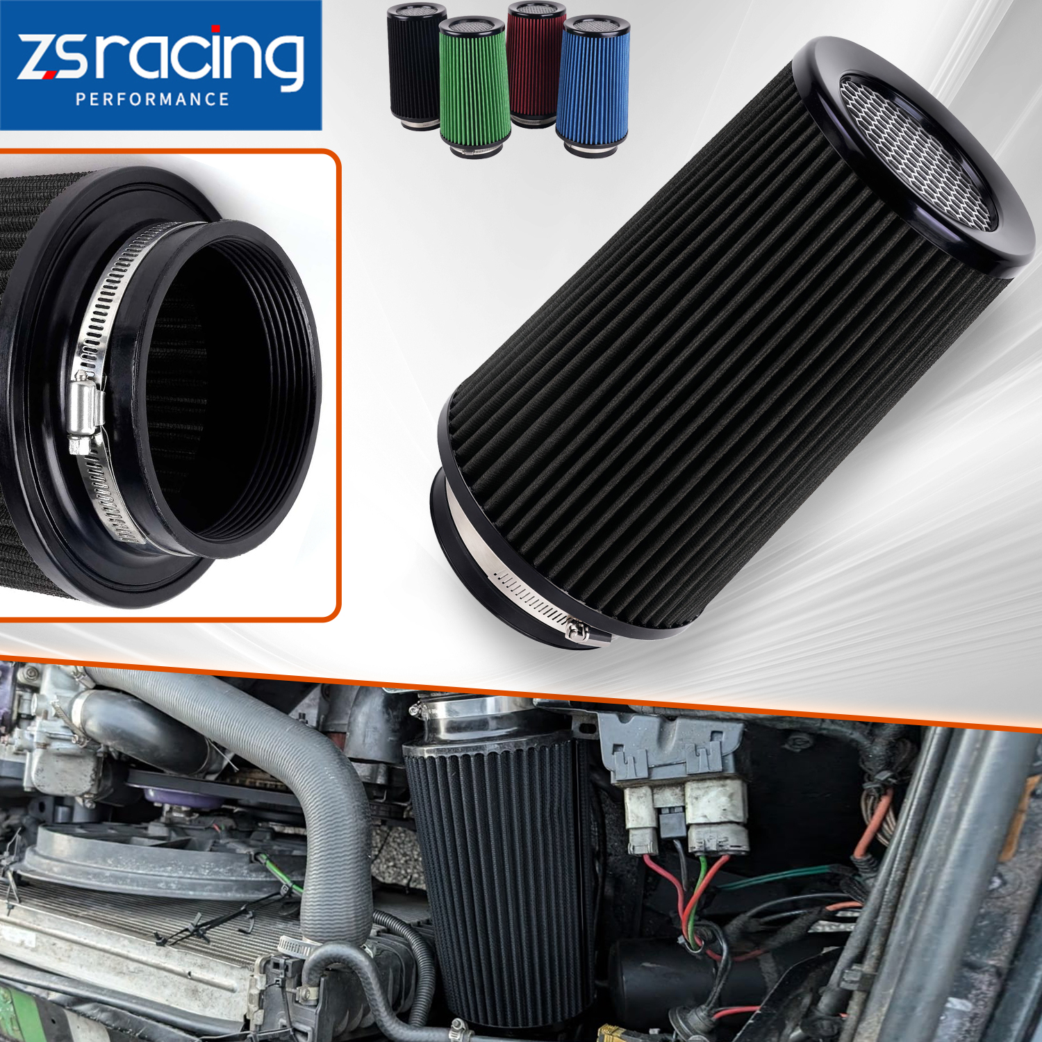76mm 89mm 102mm 3" 3.5" 4" Universal High Flow Cold Air Intake Air Filter 10.6" Tall Washable Air Filters With Adapters OFI141