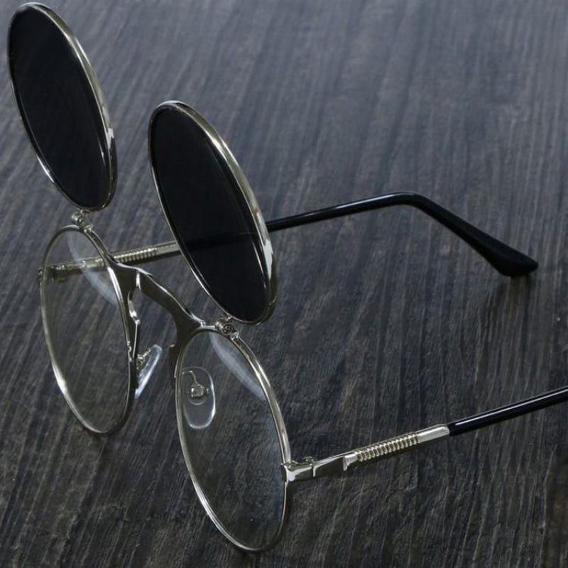 Gafas de sol redondas con tapa Retro para hombre y mujer, lentes de sol de estilo Steampunk de Metal, lentes transparentes circulares dobles para hombre y mujer