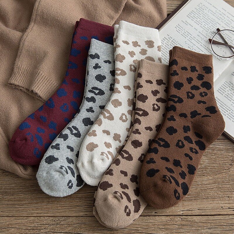 Spotted Leopard Print Women Socks Cotton Terry Tube Thickened Warm Socks Cotton Korean Japanese Style Eur35-40