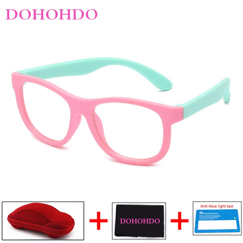 Blauw Licht Bril Kinderen Blokkeren Computer Brillen Kids Meisjes Transparante Zachte Siliconen Frame UV400 Okulary Met Case: pink green