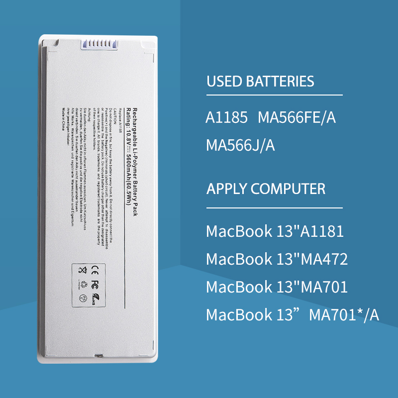 Batteria per computer portatile Somi per Mela Macbook 13 "Mac A1185 A1181 MA566FE/A MB881LL/A bianco 55Wh