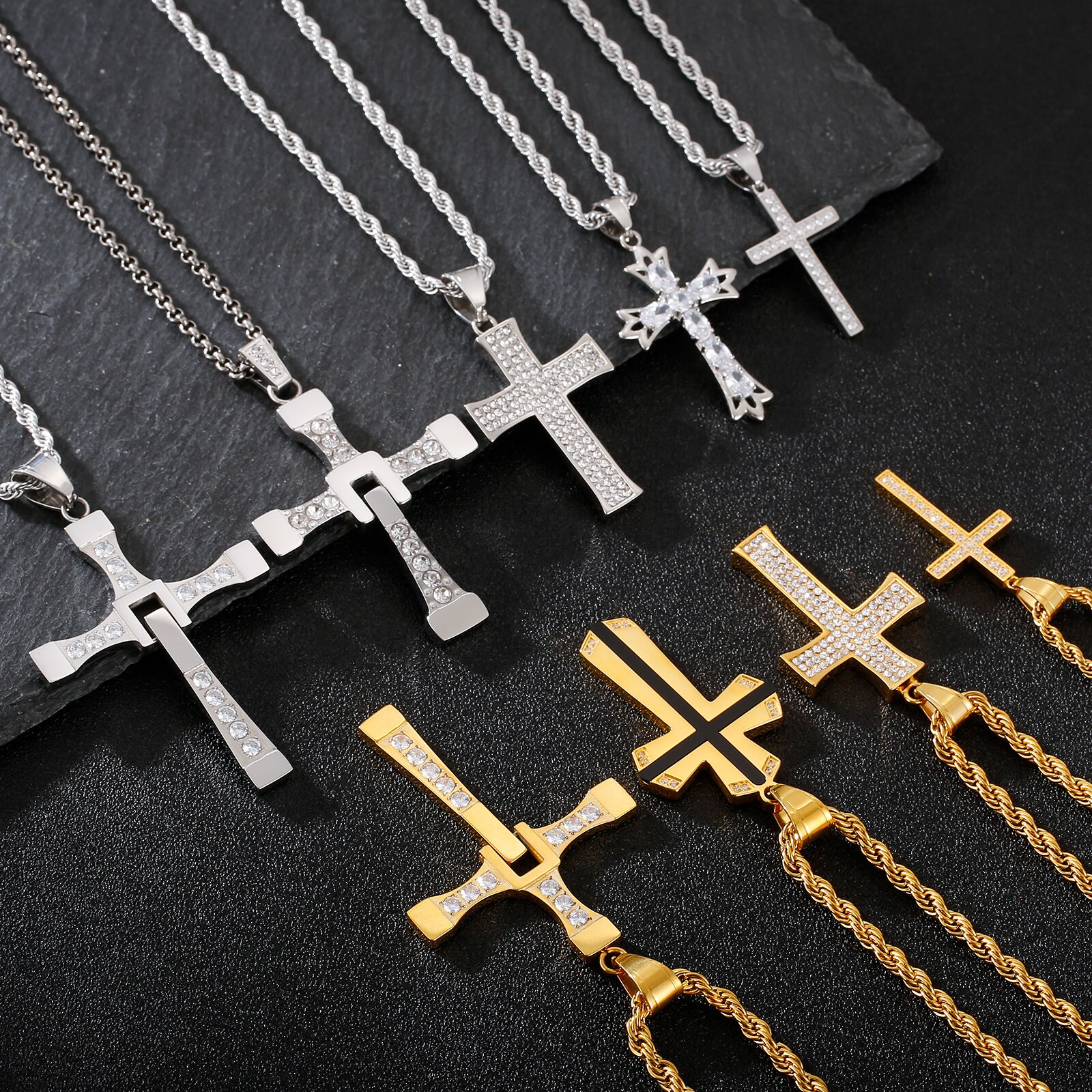 HaoYi Schnelle Und Furious Dominic Toretto Kreuz Halskette Für Männer Edelstahl Zirkon Schmuck Multi-stil Anhänger