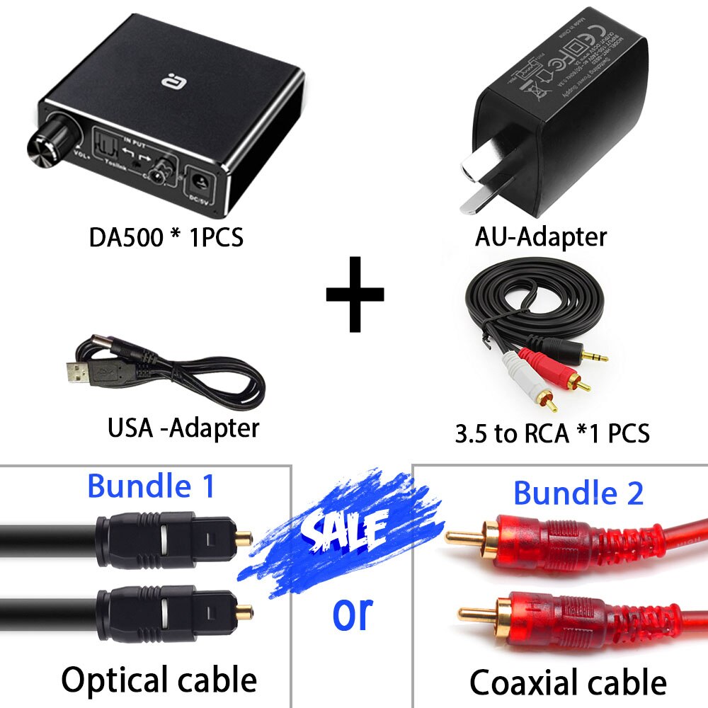 AC3 192Khz Hifi Audio-Decoder Dac Met Volumeregeling Optische Coaxiale Rca 3.5Mm Digitaal Naar Analoog Converter adapter DA500: DA500 AU / Bundle 2