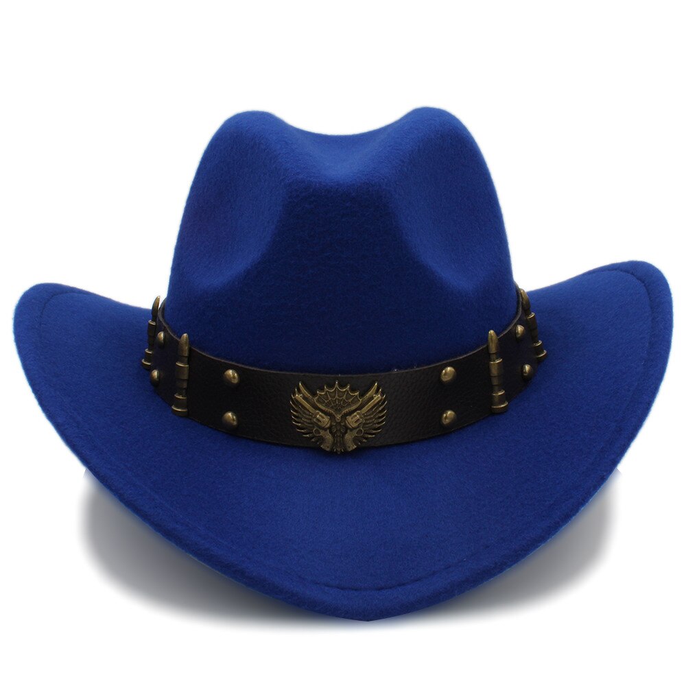 Kvinders uld western cowboy hat roll-up brim lady fascinator jazz hestesport sombrero hombre fedora cap størrelse 56-58cm: Blå