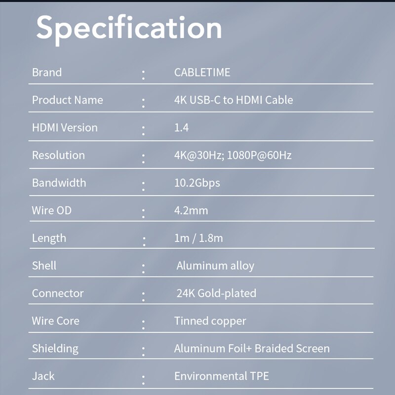 Kabeltid type c til hdmi kabel thunderbolt 3 4k 30hz usb c adapter for huawei mate 30 xiaomi 10 oneplus 7 usb c adapter  c374