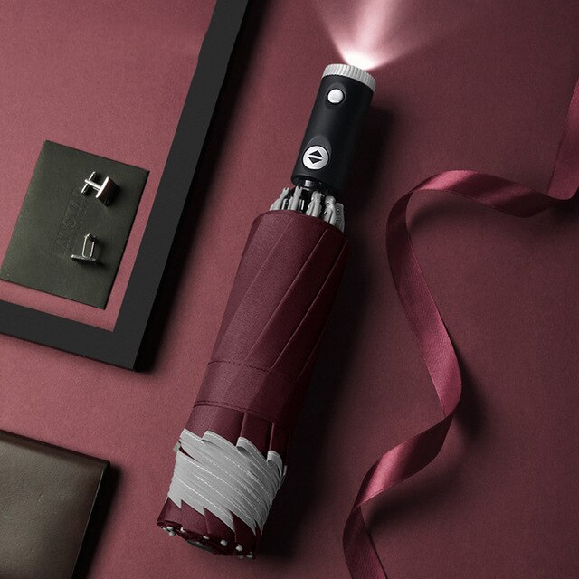 Automatic Umbrella 10 Ribs Windproof Reflective Stripe Umbrella Folding Travel Umbrellas with LED Light Flashlight: Red