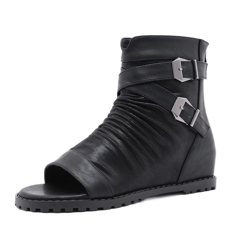 Gdgydh Frühjahr Herde Frauen Stiefeletten Offene spitze Zunehmende Fersen Weibliche Schuhe Metall Schnallen Zurück Reißverschluss Keile Damen Schuhe: 7
