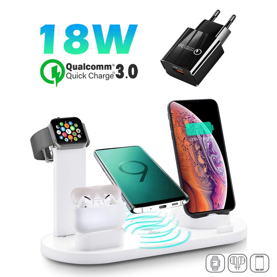 KEPHE 4 in 1 Wireless Charger Induction Charger Stand For iPhone 11 Pro X XS Max XR 12 Airpods Pro Apple Watch Docking Station: White With EU Plug