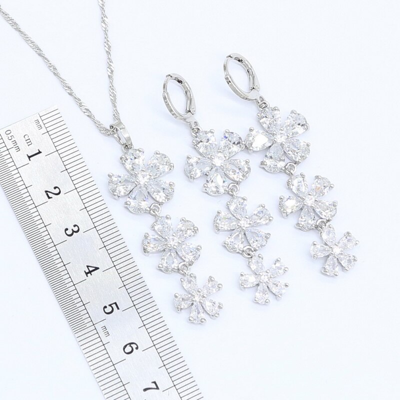 White Zircon Silver Color Wedding Jewelry Set for Women Bracelet Earrings Necklace Pendant Birthday