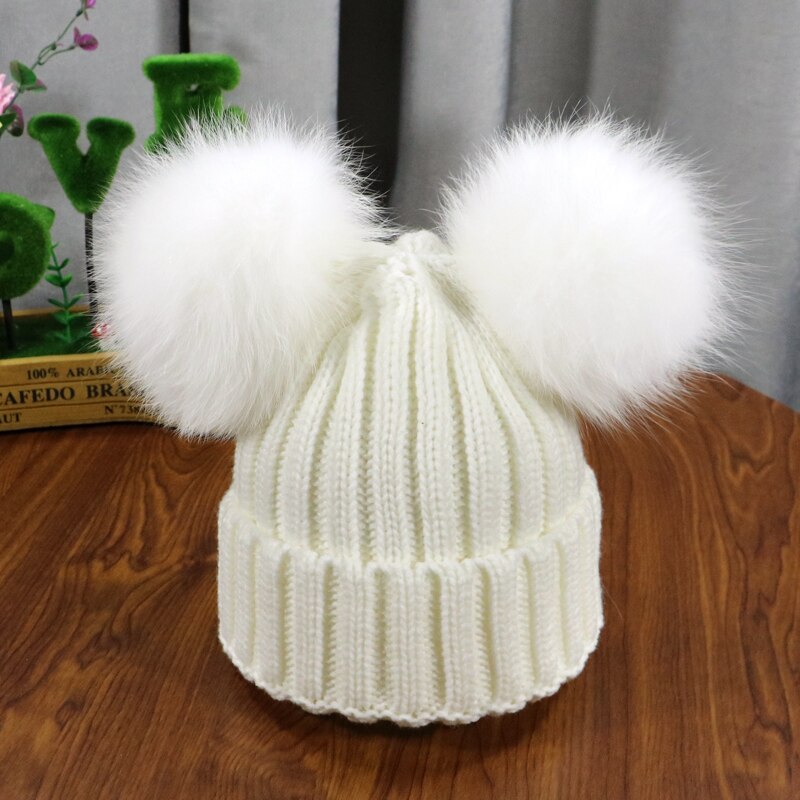 Gorro de dos pompones peludos de invierno para niños, gorro bonito tejido para niñas y niños, gorro cálido de punto para Gorros de bebé, gorro cálido para niños: white 1 / adult size(52-60cm)
