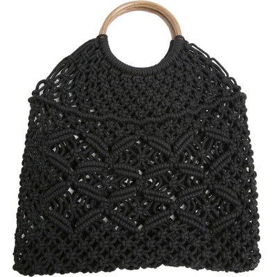 Popula Cotton Rope Hollow Straw Bag Sheer Macrame Tote wooden ring rattan handle Net Bag Vintage Retro Chic handbag: black / no lining