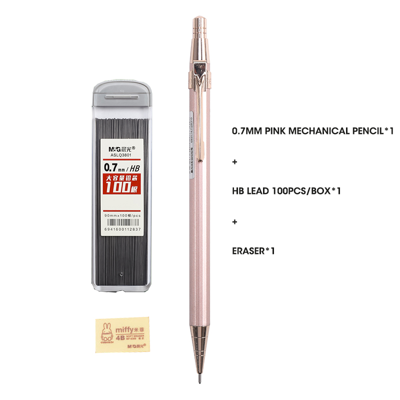 M&amp;G Full Metal Mechanical Pencils Morandi Color 0.5mm HB Lead Refill Student Writing Automatic Pencils Lapiseira School Supplies: 0.7mm 3pcs Pink