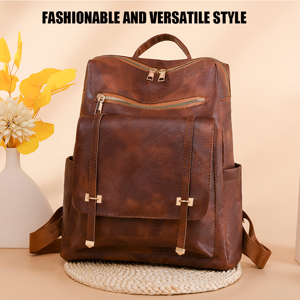 Trendiger Damen-Rucksack, Jahrgang-Pu-Leder, Tagesrucksack, braun, lässige Reisetasche, retro-Studenten-Schultasche, Sack