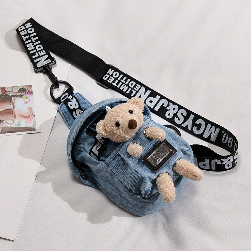 Kobiety płótno talii paczki torba ze sznurkiem kreskówki Crossbody torby na ramię skrzynia codzienna piknik płótno torba listonoszka 2020 Bolsa: niedźwiedź lekki niebieski