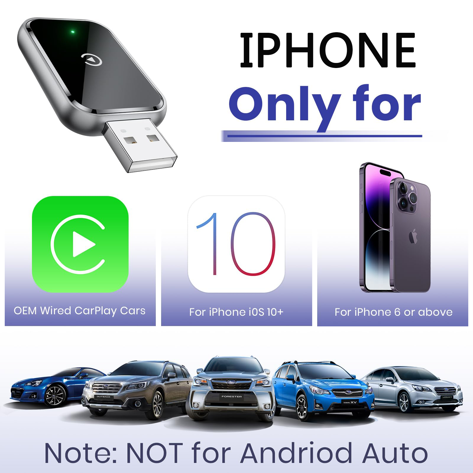 Draadloze CarPlay-adapter voor iPhone, 2 in1 bedraad naar draadloze CarPlay, draadloze Apple Carplay-adapter met USB-C/Type-C Android Auto: Black