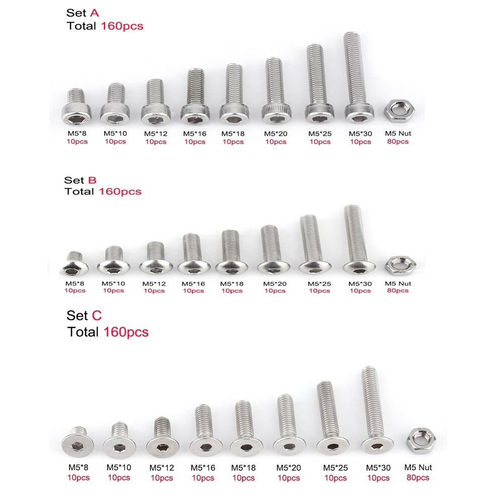 160pcs/set M5*8/18 Screws Bolts and Nuts Stainless Steel Hex Socke Screw Hex Nut Assortment Kit Fastener Hardware Cap Flat Head