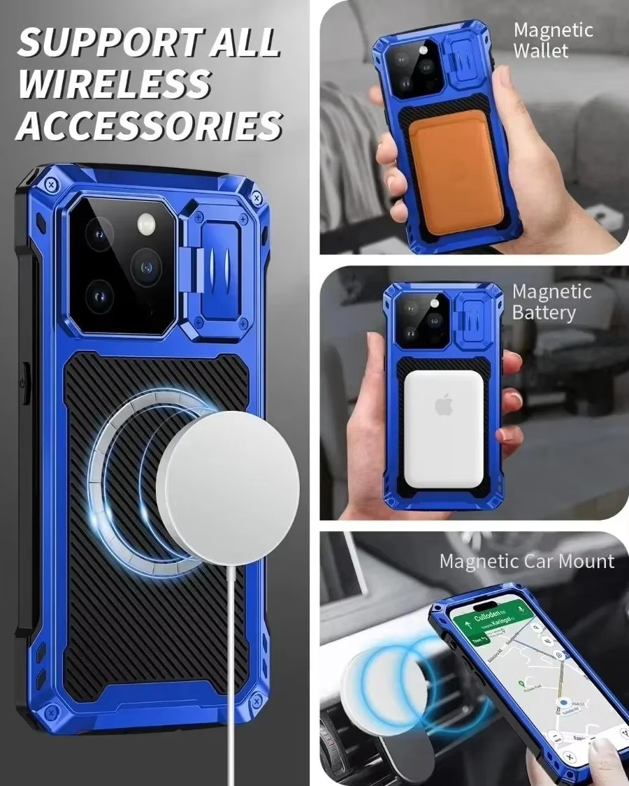 Telefondeksel med beskyttelsesdeksel i metall, magnetisk og støtsikkert deksel til iphone 16, 15 pluss , 14 pro max, kraftig aluminiumskamerastativ, skjerm