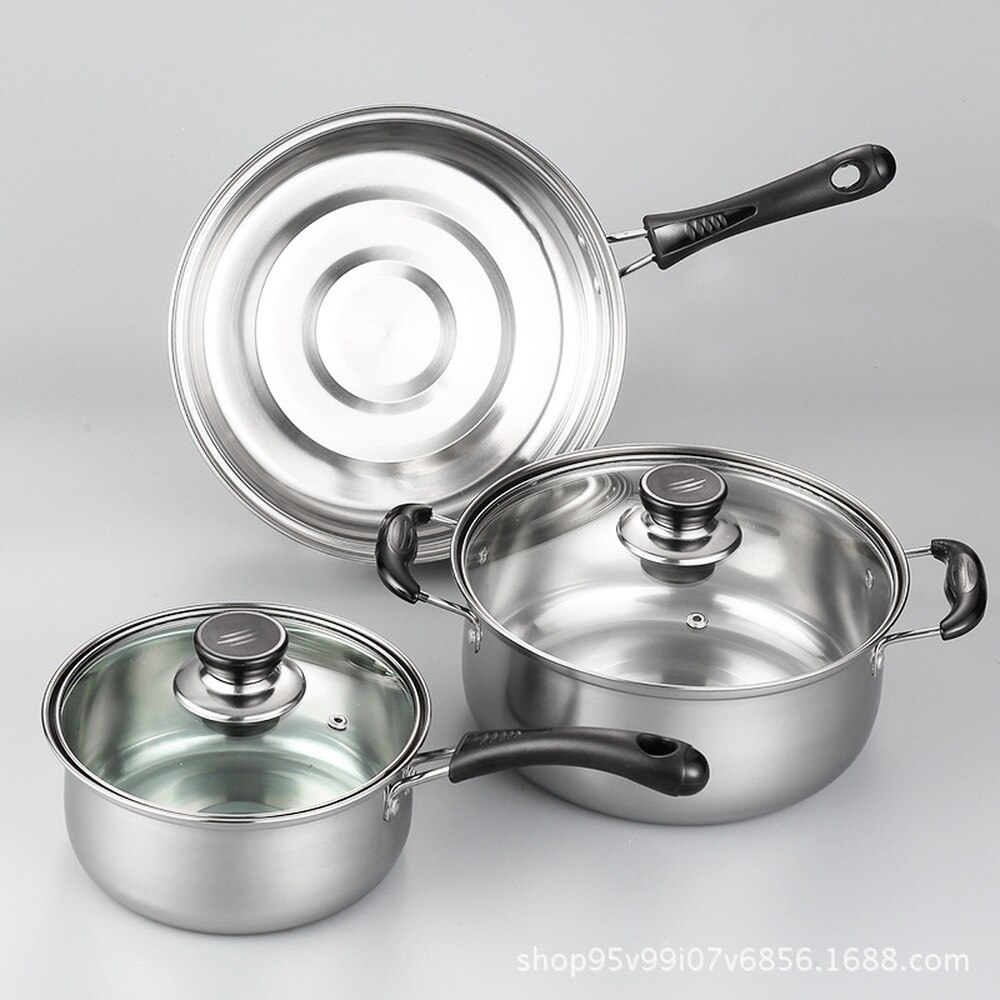 Kjøkkenutstyr i rustfritt stål, kjøkkenutstyr, tredelt gryte, suppekanne, stekt gryte, kjøkkenkombinasjon, settgryte,
