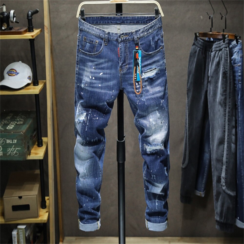 Eh · Md®Mannen Gescheurde Jeans Leer Hanger Versierd Broek Inkjet Wit Dot Geschilderde Letters Slim Katoen Rode Oren Zachte: 38