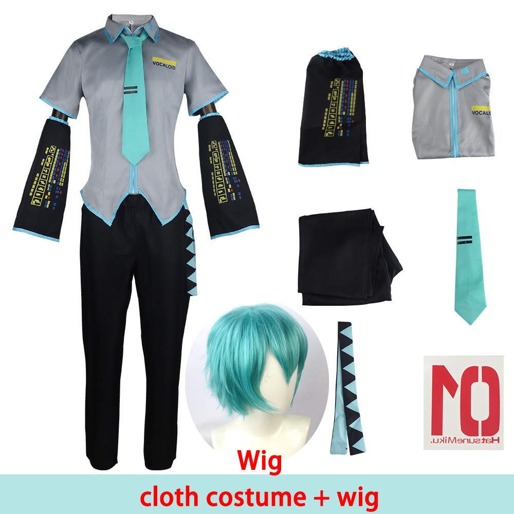 Peluca de disfraz de Miku para hombre, tamaño europeo, conjunto completo de tela de cuero plateado, traje de tela, uniforme de estilo masculino Miku