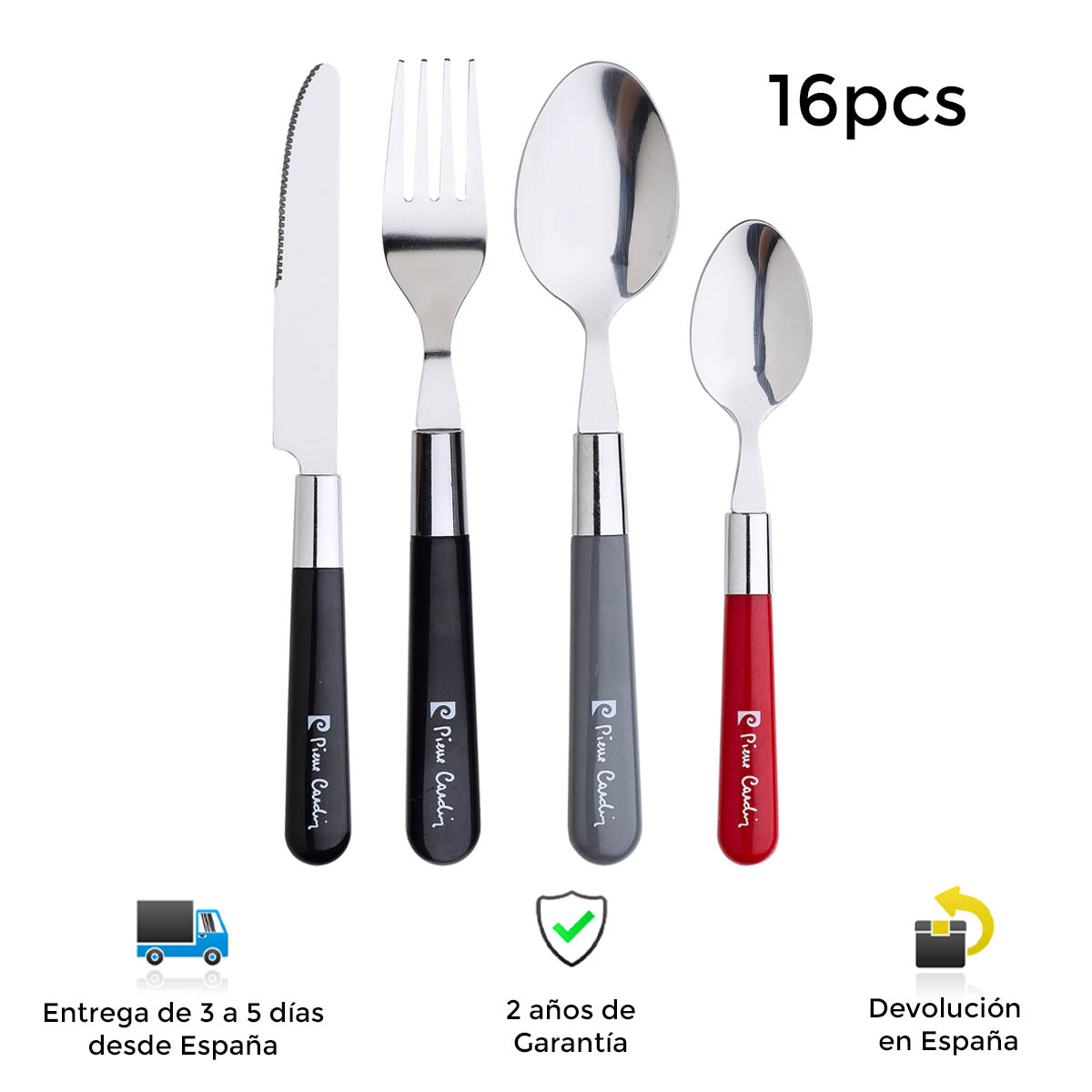 Set 16 pcs cuberteria Eclat de Pierre Cardin, acero inoxidable, colores, , moderna, resistente, duradera, fácil de limpiar y ergonómica, uso diario, cuberteria, cubiertos, cubiertos de acero inoxidable