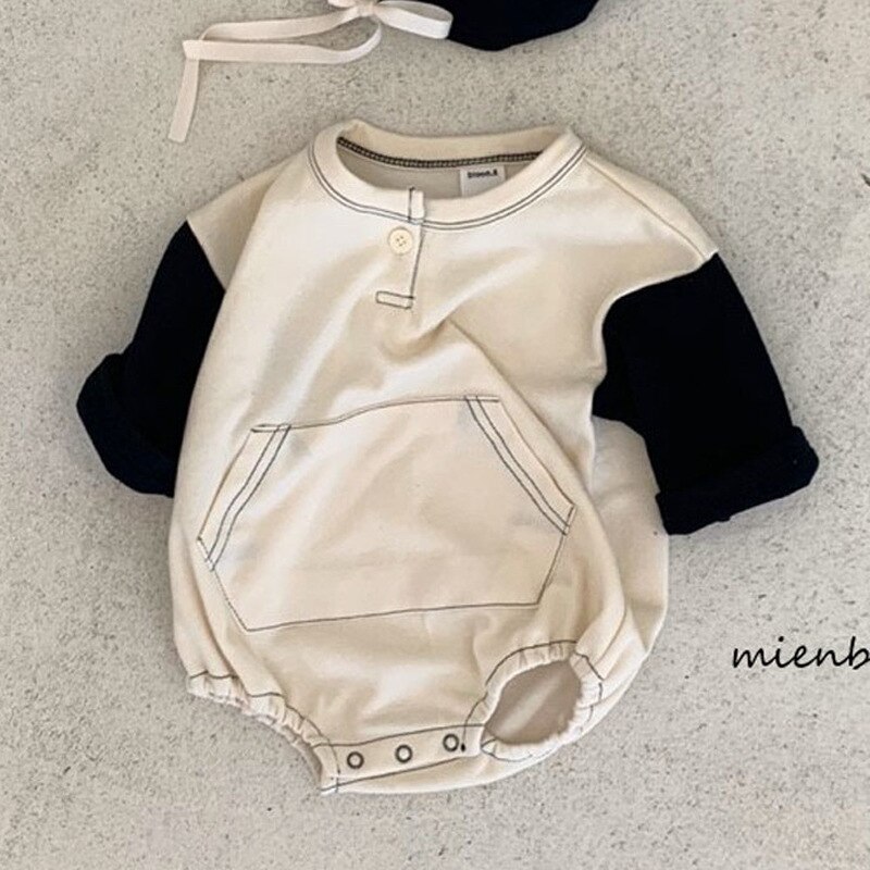 Herfst Patchwork Grote Pocket Baby Boy Bodysuit + Oor Hoed Leuke Pasgeboren Kleding Katoenen Baby Meisje Lange Mouw jumpsuit