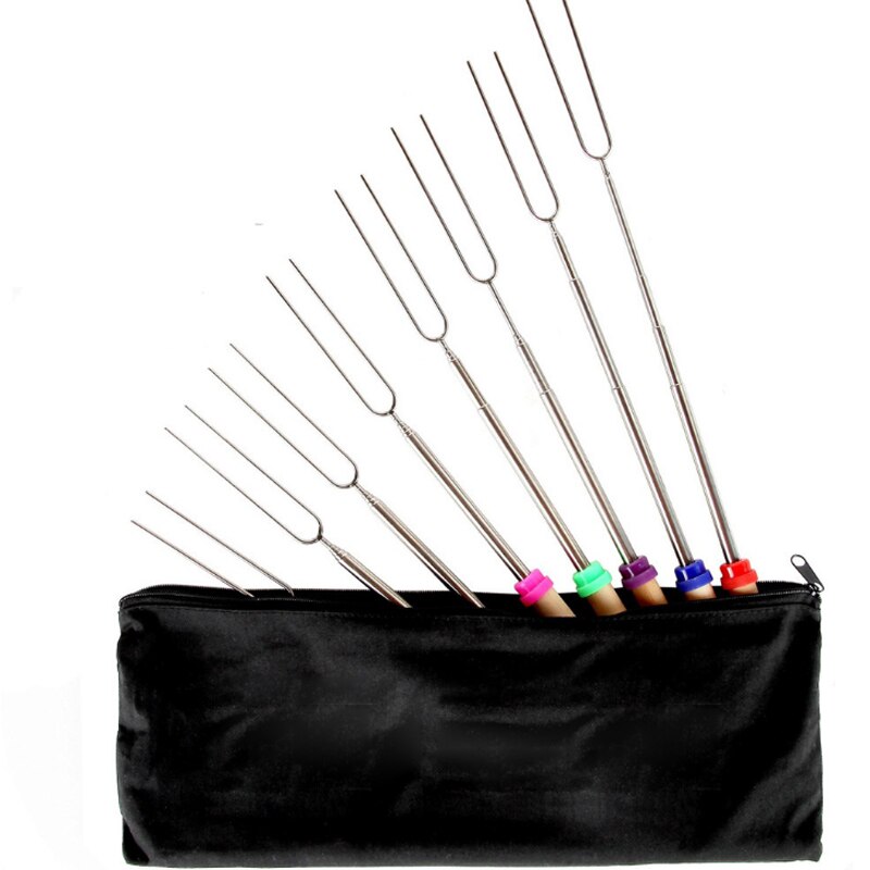 8pcs BBQ Barbecue Skewers Stick Stainless Steel 31-83cm Folding Telescoping Roasting Fork Stick Outdoor BBQ Grilling Accessories
