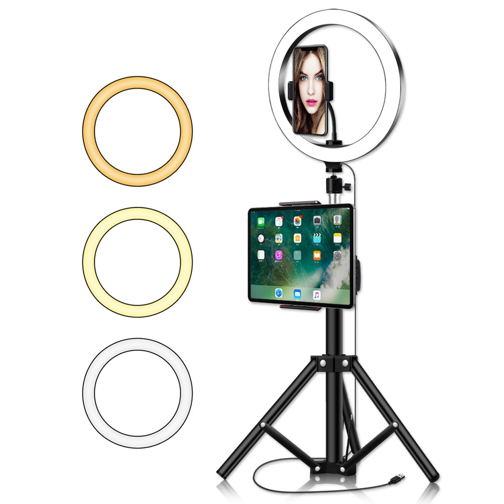 10 inch ringlamp met statief, telefoonhouder voor ipad, fotografie, studiovideo, led-ringlamp 5600k met usb-aansluiting voor make-up
