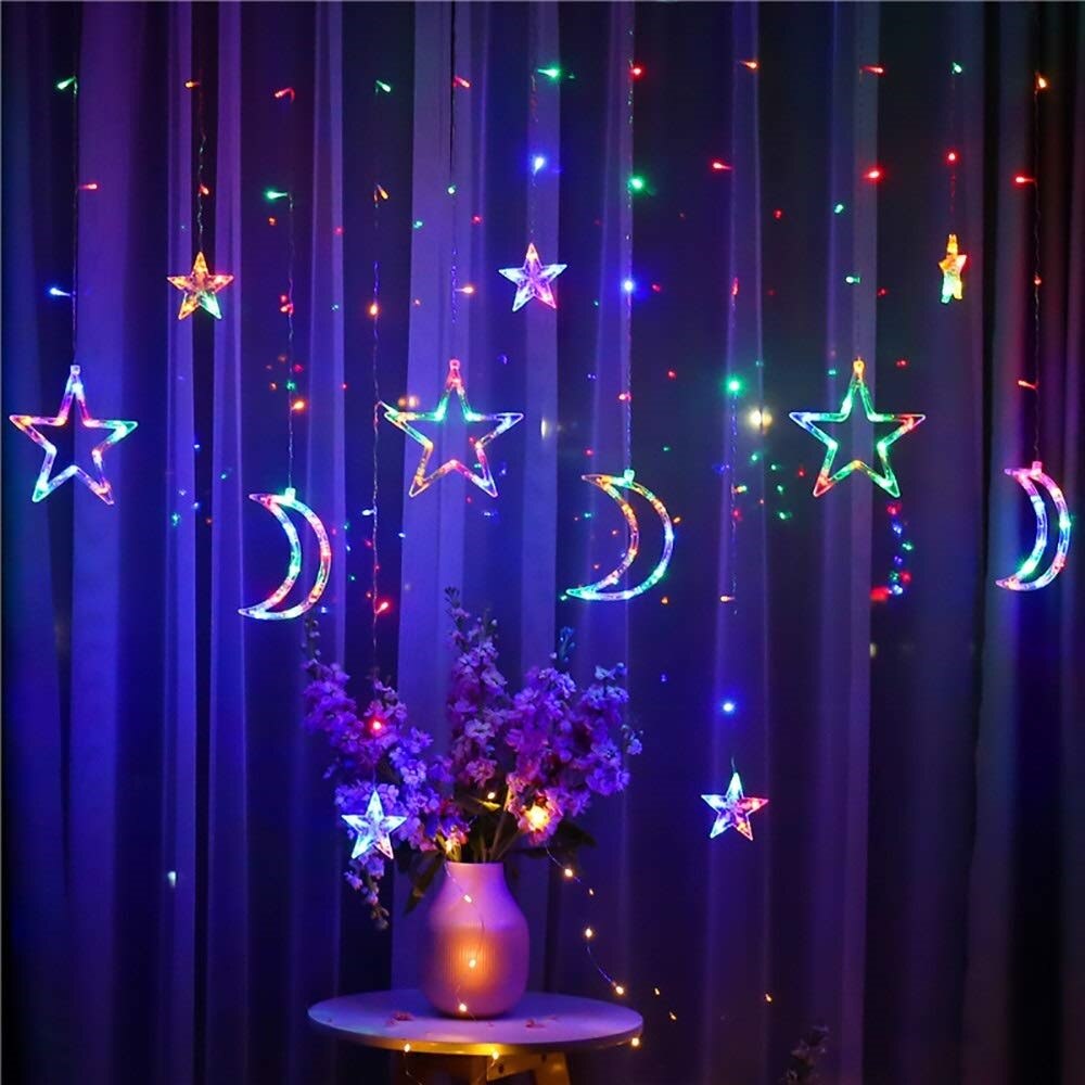 Cortina de luces LED de luna y estrella, guirnaldas navideñas de hadas con enchufe europeo de 220V, decoración al aire libre, Festival de vacaciones, cadena de luces parpadeantes: multicolor