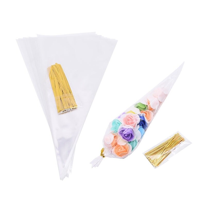 50Pcs 3 Maten Transparant Cellofaan Kegel Zakken Goud Twist Ties Seal Zakjes Clear Plastic Bags Voor Candy Cookies opslag