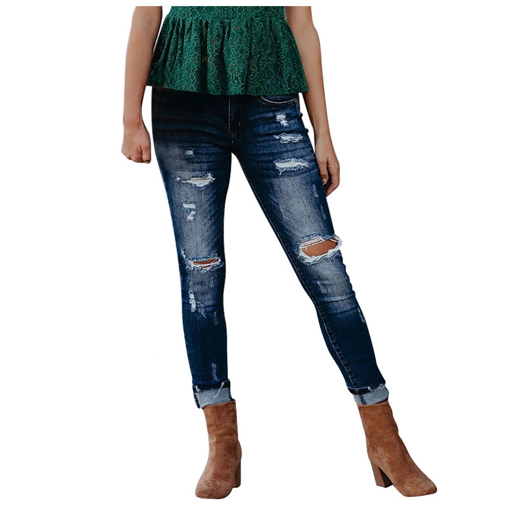 jean femmes taille haute maigre trou Denim bouton Stretch pantalon mince mollet longueur jean roupas déchiré jean rapide: Dark Blue / XL