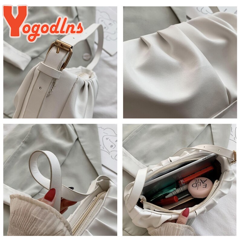 Yogodlns Summer Shoulder Bag Women Leisure PU Leather Baguette Bag Pleated Cloud Bag Female Small Handbag Phone Purse